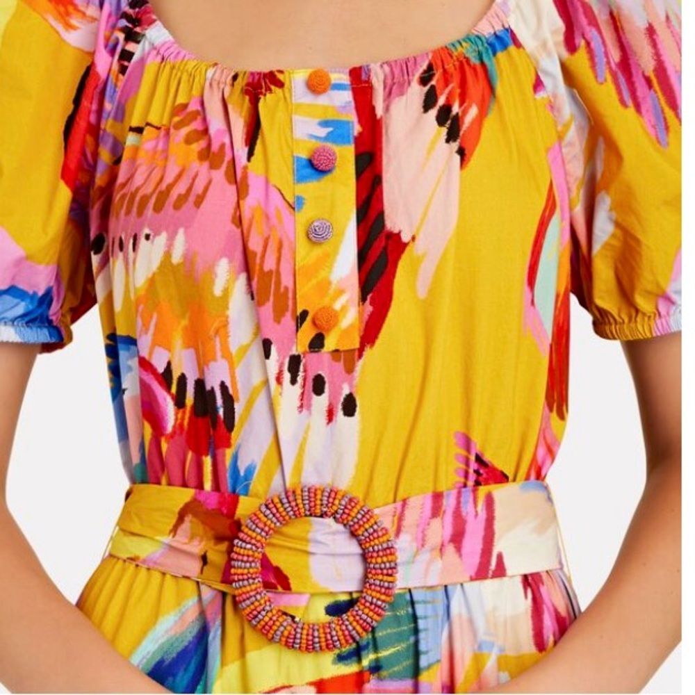 SOLD FARM Rio Neon Macaws Maxi Dress Beaded Tropical Bird Yellow Pink Size L - Picture 6 of 16